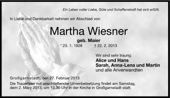 Traueranzeige von Martha Wiesner von Neue Presse Coburg