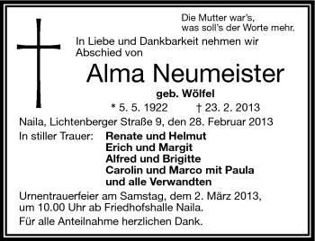 Traueranzeige von Alma Neumeister von Frankenpost