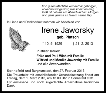 Traueranzeige von Irene Jaworsky von Neue Presse Coburg