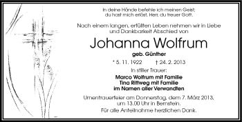 Traueranzeige von Johanna Wolfrum von Frankenpost
