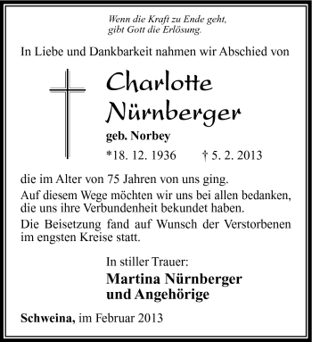 Traueranzeige von Charlotte Nürnberger von Südthüringer Presse