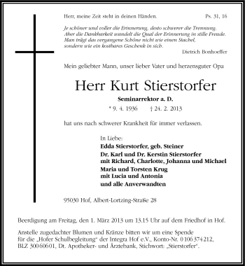 Traueranzeige von Kurt Stierstorfer von Frankenpost