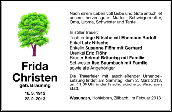 Traueranzeige von Frida Schristen von Südthüringer Presse