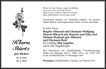 Traueranzeige von Klara Stürtz von Südthüringer Presse