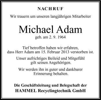 Traueranzeige von Michael Adam von Südthüringer Presse