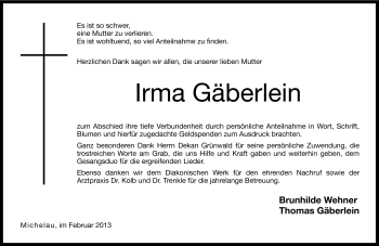 Traueranzeige von Irma Gäberlein von Neue Presse Coburg