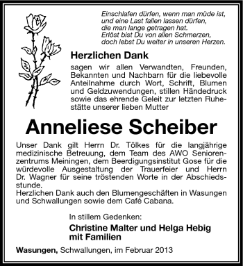 Traueranzeige von Anneliese Scheiber von Südthüringer Presse