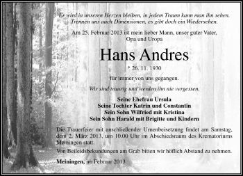 Traueranzeige von Hans Andres von Südthüringer Presse