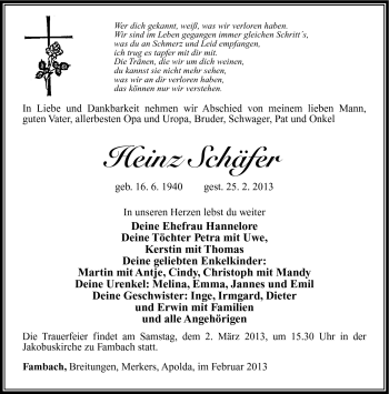 Traueranzeige von Heinz Schäfer von Südthüringer Presse