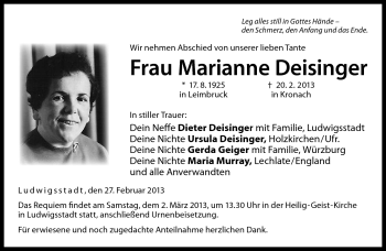 Traueranzeige von Marianne Deisinger von Neue Presse Coburg
