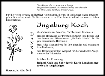 Traueranzeige von Ingeburg Koch von Südthüringer Presse
