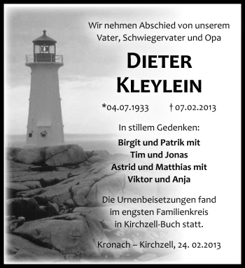 Traueranzeige von Dieter Kleylein von Neue Presse Coburg