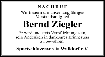 Traueranzeige von Bernd Ziegler von Südthüringer Presse
