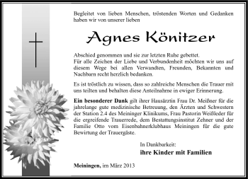 Traueranzeige von Agnes Könitzer von Südthüringer Presse