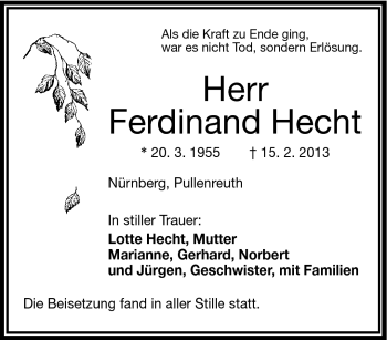 Traueranzeige von Ferdinand Hecht von Frankenpost
