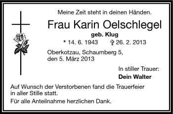 Traueranzeige von Karin Oelschlegel von Frankenpost