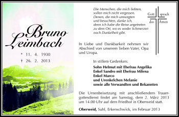 Traueranzeige von Bruno Leimbach von Südthüringer Presse