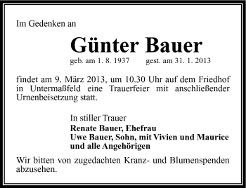 Traueranzeige von Günter Bauer von Südthüringer Presse