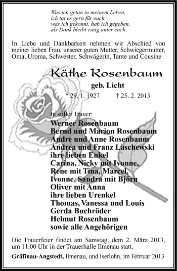 Traueranzeige von Käthe Rosenbaum von Südthüringer Presse
