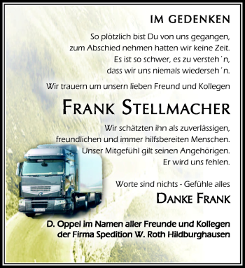 Traueranzeige von Frank Stellmacher von Südthüringer Presse