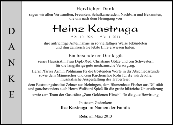Traueranzeige von Heinz Kastruga von Südthüringer Presse