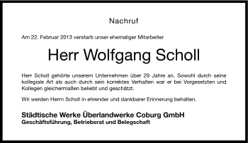 Traueranzeige von Wolfgang Scholl von Neue Presse Coburg