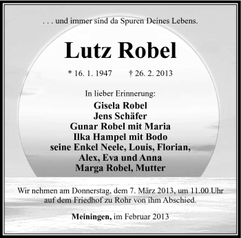 Traueranzeige von Lutz Robel von Südthüringer Presse