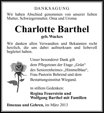 Traueranzeige von Charlotte Barthel von Südthüringer Presse