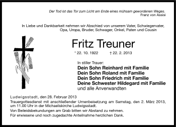 Traueranzeige von Fritz Treuner von Neue Presse Coburg