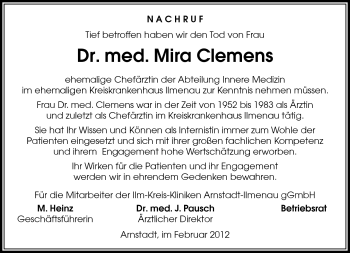 Traueranzeige von Mira Clemens von Südthüringer Presse