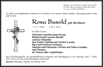 Traueranzeige von Rosa Busold von Südthüringer Presse