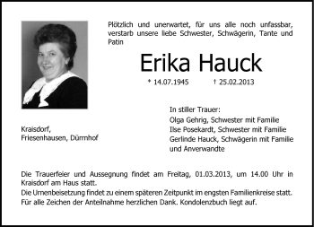 Traueranzeige von Erika Hauck von Neue Presse Coburg