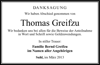 Traueranzeige von Thomas Greifzu von Südthüringer Presse