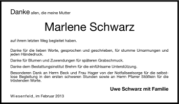 Traueranzeige von Marlene Schwarz von Neue Presse Coburg