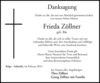 Traueranzeige von Frieda Zöllner von Neue Presse Coburg