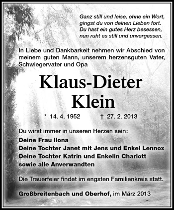 Traueranzeige von Klaus-Dieter Klein von Südthüringer Presse