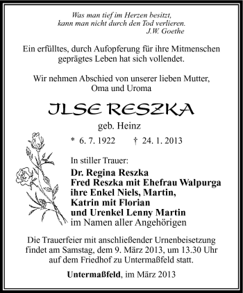 Traueranzeige von Ilse reszka von Südthüringer Presse