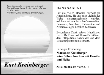 Traueranzeige von Kurt Kreinberger von Südthüringer Presse