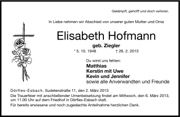 Traueranzeige von Elisabeth Hofmann von Neue Presse Coburg