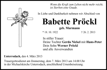 Traueranzeige von Babette Pröckl von Neue Presse Coburg