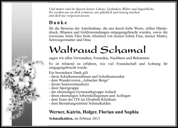 Traueranzeige von Waltraud Schamal von Südthüringer Presse