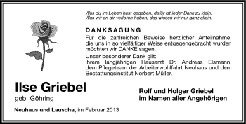 Traueranzeige von Ilse Griebel von Südthüringer Presse