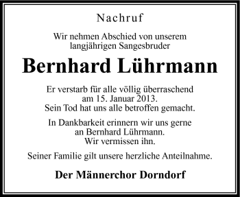 Traueranzeige von Bernhard Lührmann von Südthüringer Presse