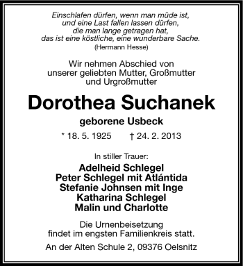 Traueranzeige von Dorothea Suchanek von Südthüringer Presse
