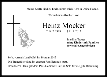 Traueranzeige von Heinz Mocker von Frankenpost