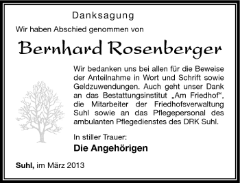 Traueranzeige von Bernhard Rosenberger von Südthüringer Presse