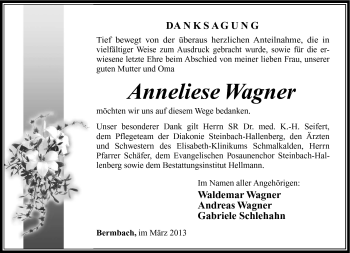 Traueranzeige von Anneliese Wagner von Südthüringer Presse