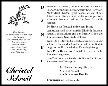Traueranzeige von Christel Schreil von Südthüringer Presse