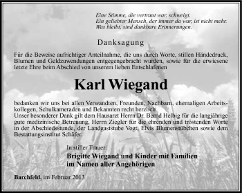 Traueranzeige von Karl Wiegand von Südthüringer Presse