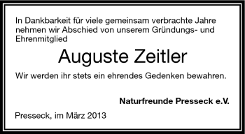Traueranzeige von August Zeitler von Frankenpost